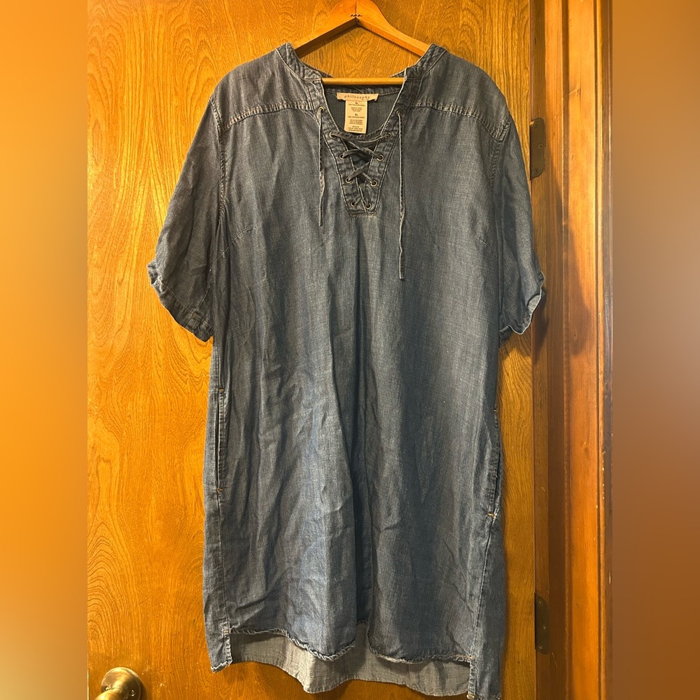 Philosophy Denim-Look Lace-Up Button Down Shirt Dress - Blue